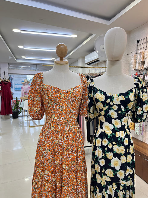 Cotton Puff Sleeves Floral Long Maxi Dress